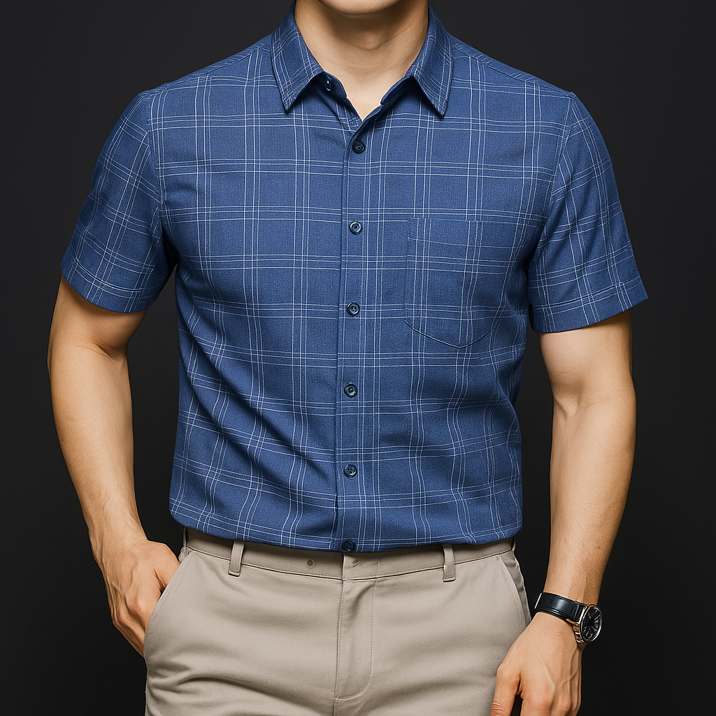 Casual blue plaid Half Sleeve Shirt